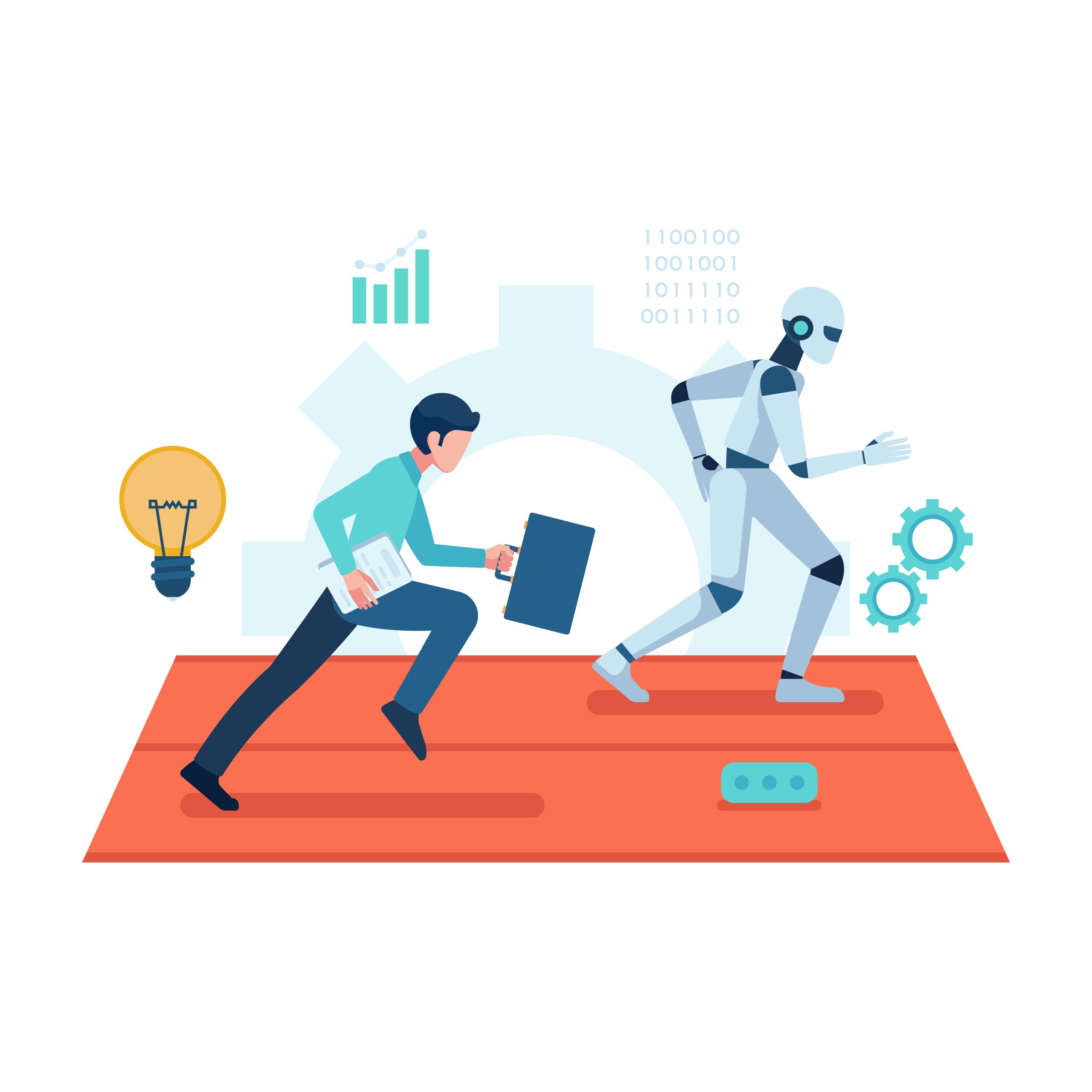 Human vs AI Robot Running a Race for Employment